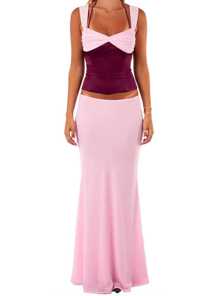 JULISSA MO Patchwork Sexy Spaghetti Strap Two Piece Sets Women Skirt Suit Backless Top Long Skirt Spring Slim Elegant Streetwear 250321