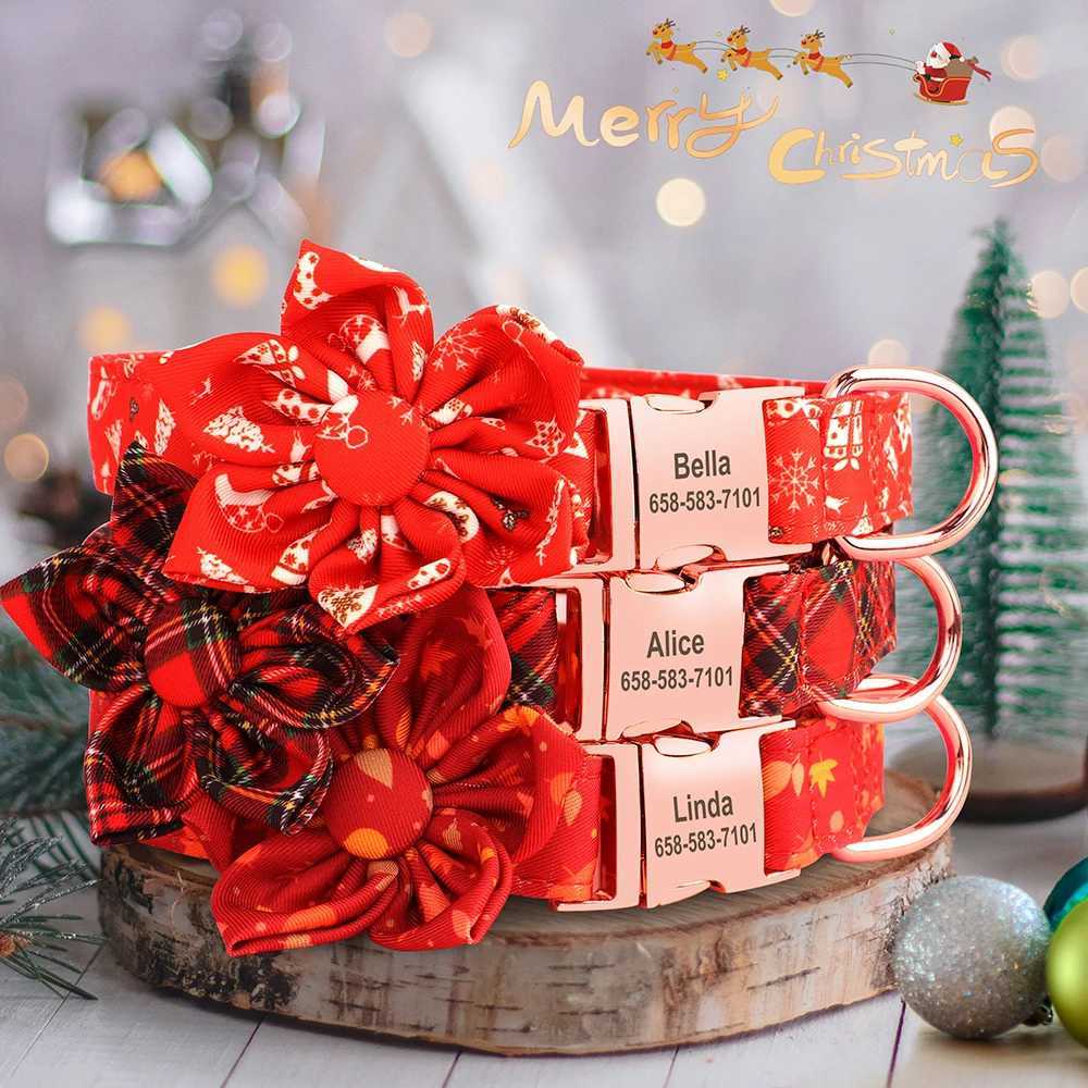 Personalized Christmas dog collar customized red checkered pet collar with bow no engraved ID name tag pet accessories X250326