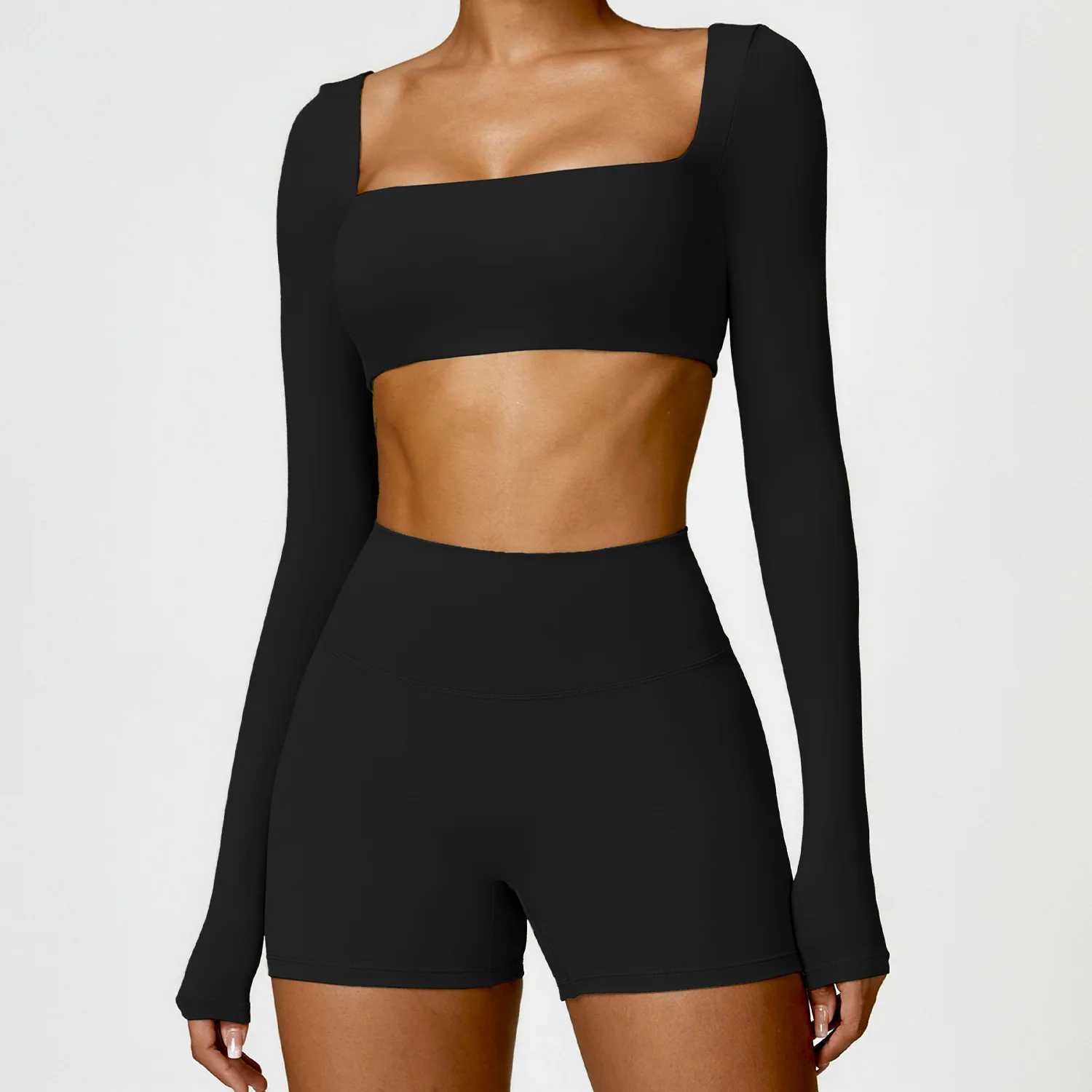 Womens quick drying breathable top seamless sexy square necklace elastic yoga long sleeved crop top gym running sportswear W250326