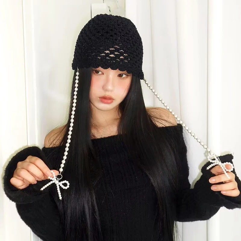 DIY Pearl Bow Pendant Hollow Handmade Knitted Pullover Hat Street Breathable Short Brim Personalized Skull Beanie Cap Korean 250321