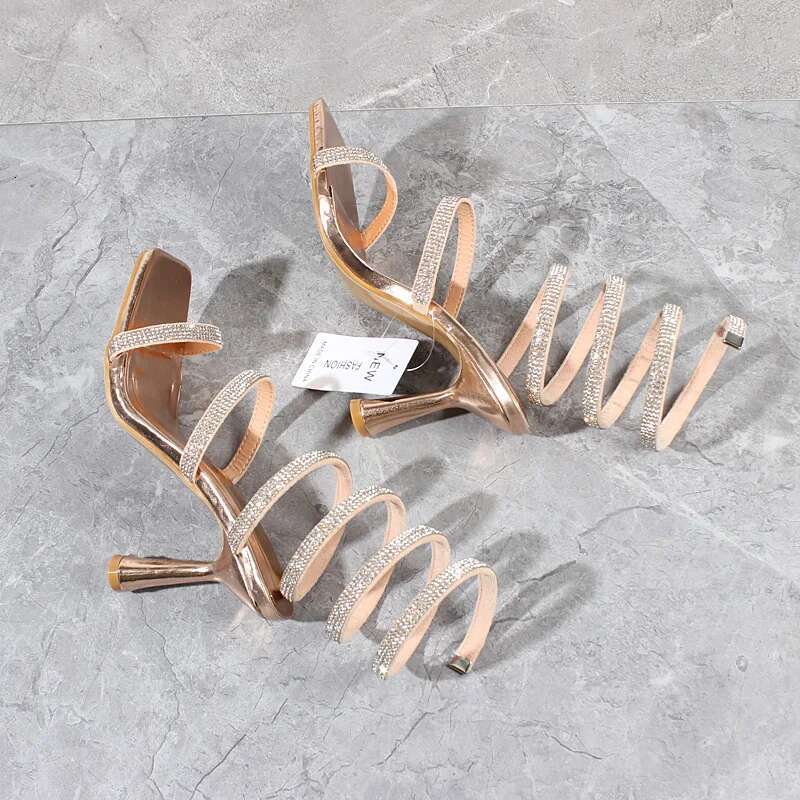 Fashion Women 2024 Summer New Crystal Snake Spring Shoes Ankle Around High Heels Stiletto Sexy Party Women's Sandals 9Cm