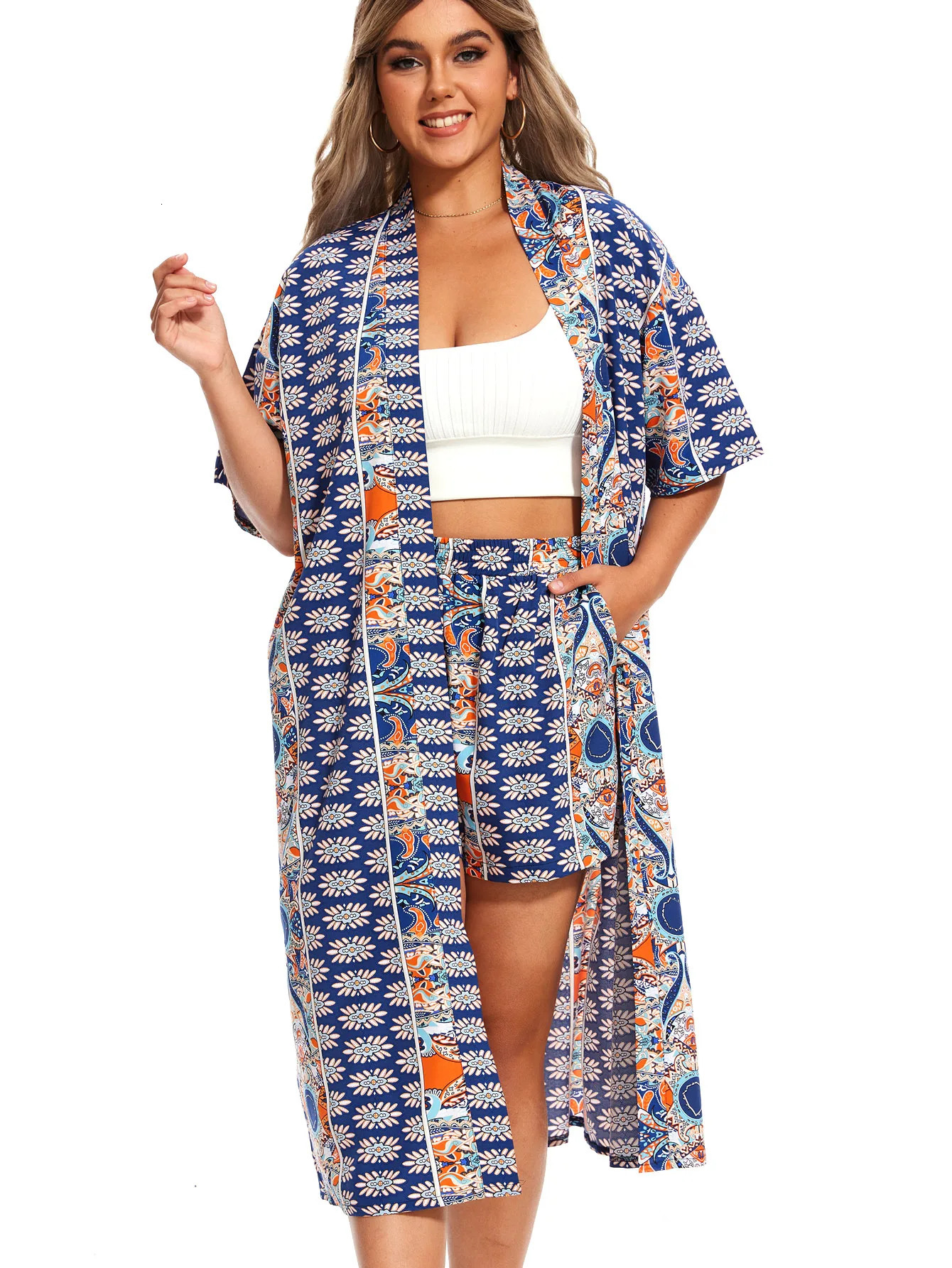 Plus Size Print Two-piece Set Short Sleeve Open Front Kimono Elastic Waist Shorts Outfits Womens Plus Size Clothing 250324