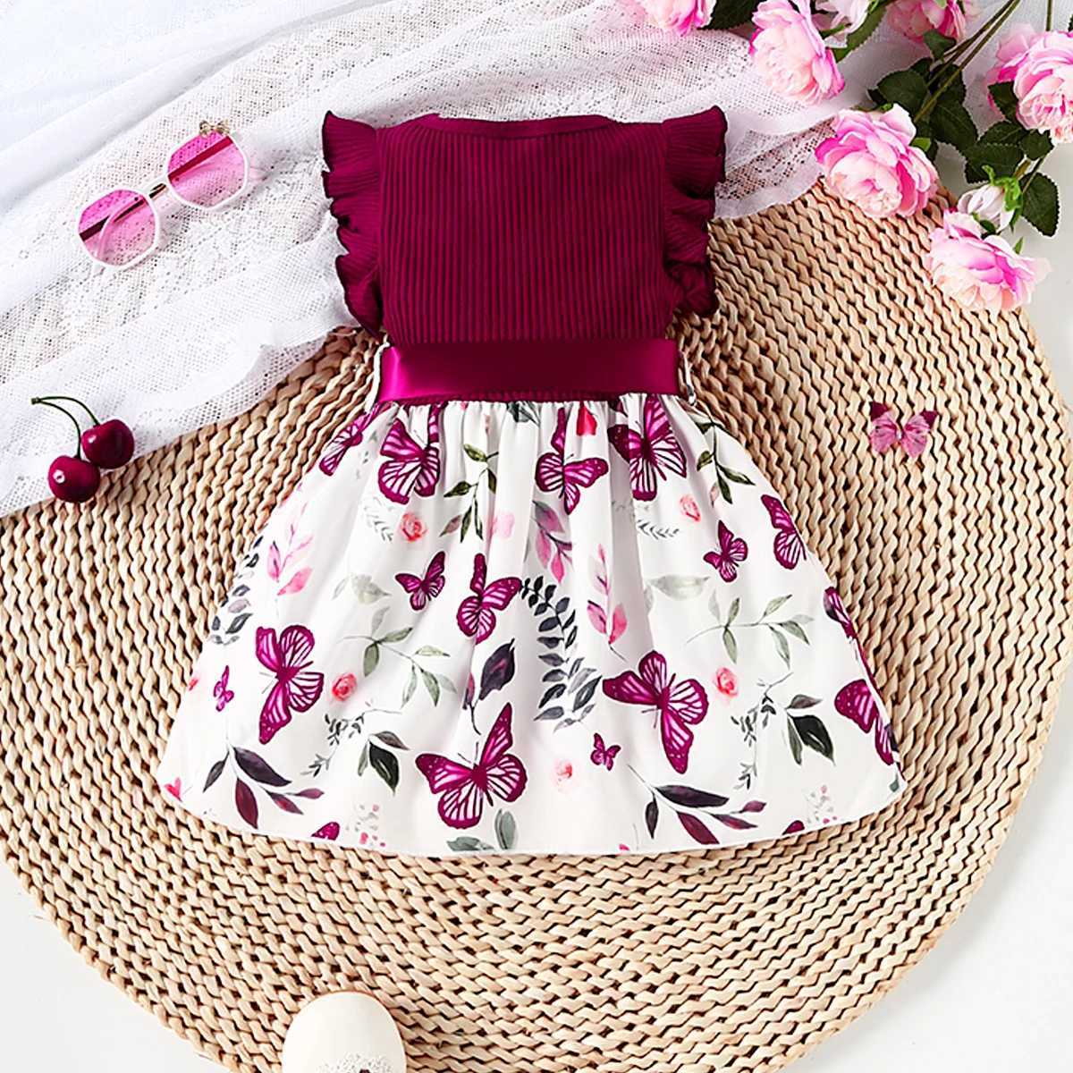 Baby girl butterfly and plant polka dot printed pleated sleeve belt dress+ribbon W250326