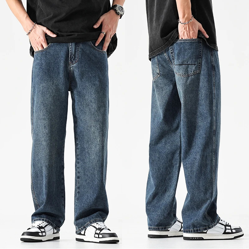 Wide leg jeans mens pocket pants summer straight cut loose fit vintage blue streetwear fashionable pockets clothing 250326