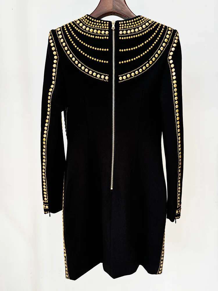 HIGH STREET Newest Fashion 2024 Designer Women's Long Sleeve Metal Beaded Stretchy Dress