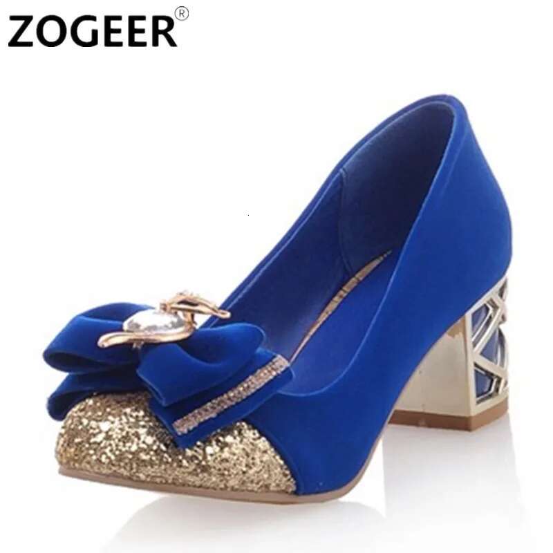 Crystal Low Heels Casual Women's Pumps Round toe Sweet Bow-tied Black Pink Blue Heeled Wedding Party Shoes Ladies