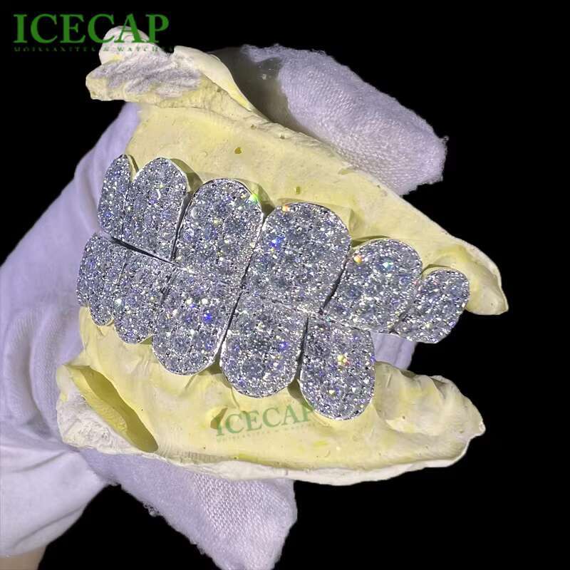 Custom Big Stone Grillz 8 on 8 Deep Perm Cut Vvs Moissanite Hip Hop Grillz Iced Out S925 18k White Gold Custom Moissanite Grillz