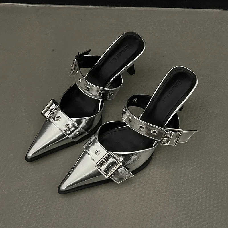 Punk Goth Metal Buckle High H Sandals Wen 2024 Summer Pointed Toe Silver Par Shoes Wan Korean Sle Thin H Sandals Z250326