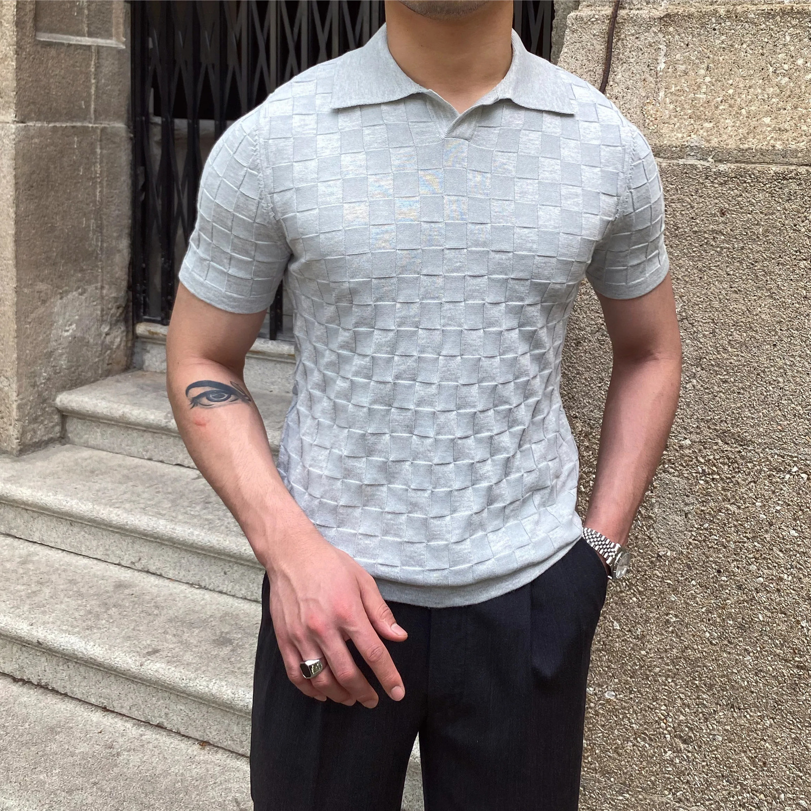 summer plain polo shirt mens short sleeved Vneck knitted lapel Tshirt top elastic slim casual business social 250326