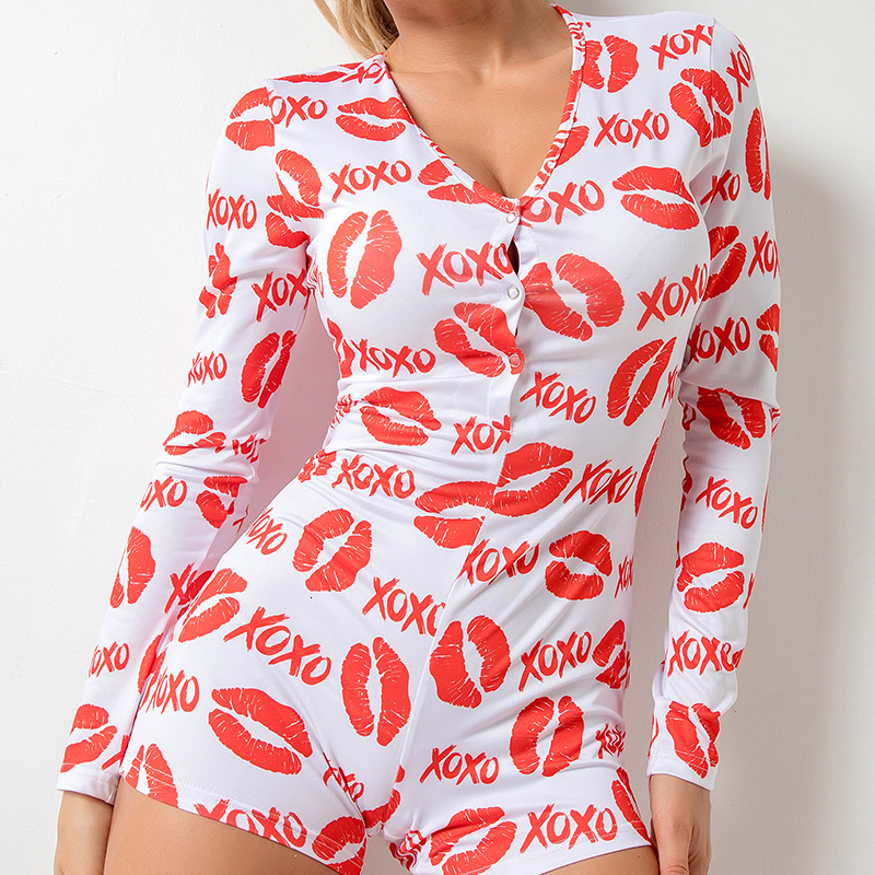 Spring and summer sexy women's pajamas jumpsuit printed deep V-long sleeved home clothes for women