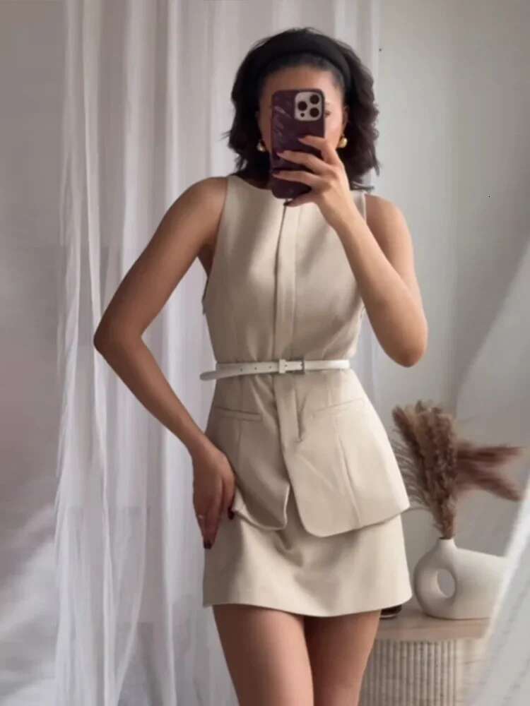 Fashion Solid Mini Skirt Sets For Women Elegant Sleeveless Tank Top With Belt Hip Package Skirts Female 2 Pcs Set Chic OL Outfit