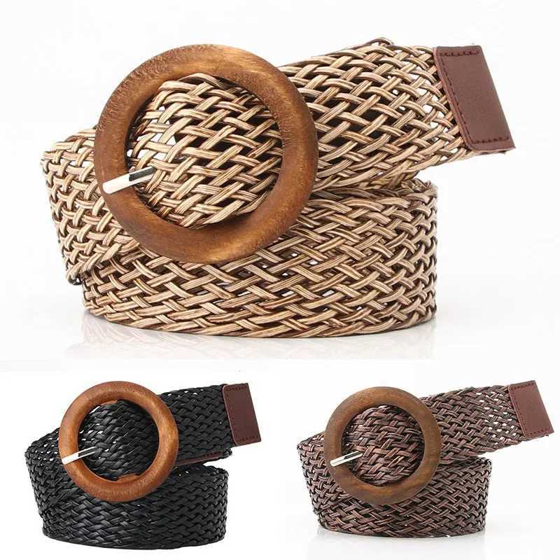 Woven waist belt black coffee womens belt retro Bohemian round wood smooth buckle fake straw wide belt womens belt W250326