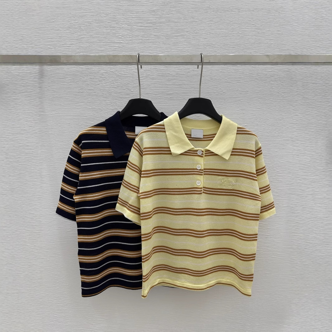 Shenzhen Nanyou Goods~High version BU Home 25 early spring new item, lapel contrasting color striped knitted short sleeved