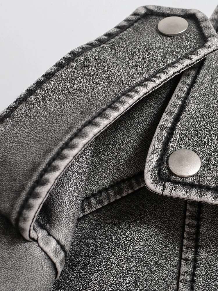 Aigo Women Vintage Loose Washed Faux Leather Short Jacket Streetwear Female Zipper Belt Moto Biker Retro Coat Outwear Tops