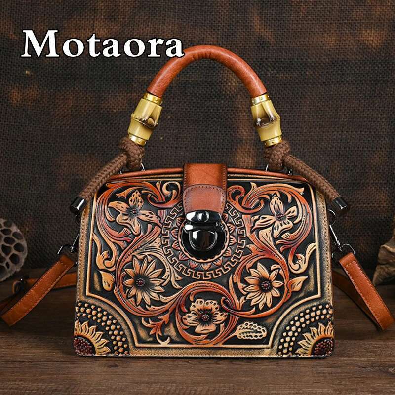 Motaora New Emed Shoulder Bag For Women's 2025 Vintage Handmade Handbag Female PU Leather Big Capacity Crossbody Bags Purse