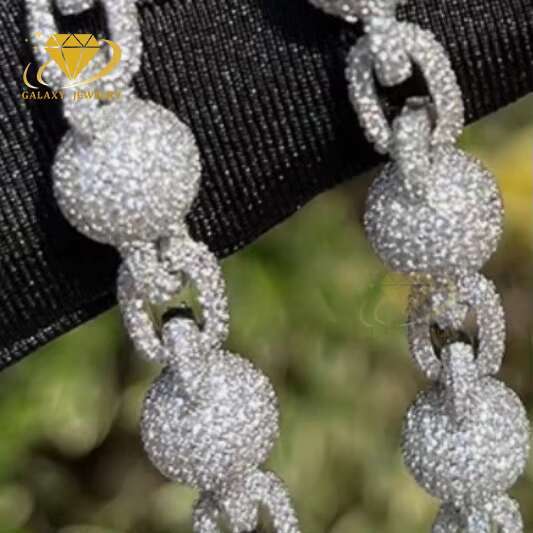 Hiphop Iced Out Custom Ball Shape 10mm Moissanite Cuban for Rapper Necklace 925 Sterling Silver Vvs Moissanite Cuban Chain