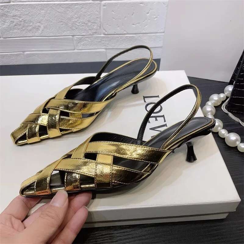 Gold woven retro hollow out stiletto sandals with high heels
