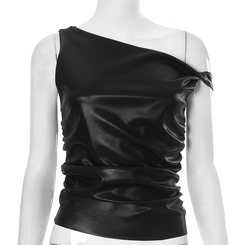 2025S Fashion Designer Y TP Women S Autumn Winter Twisted Strap Off Shoulder Leather Folded Short Open Umbilical Top T Shirt
