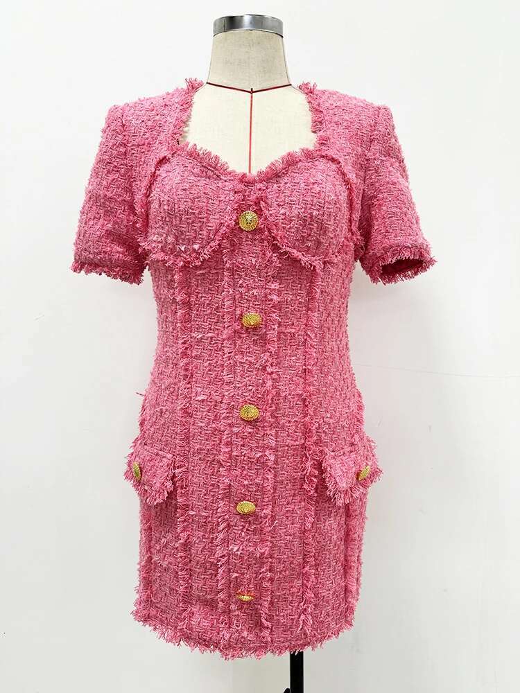 HIGH STREET Newest 2024 FW Designer Fashion Women's Short Sleeve Square Collar Lion Buttons Fringed Tweed Dress