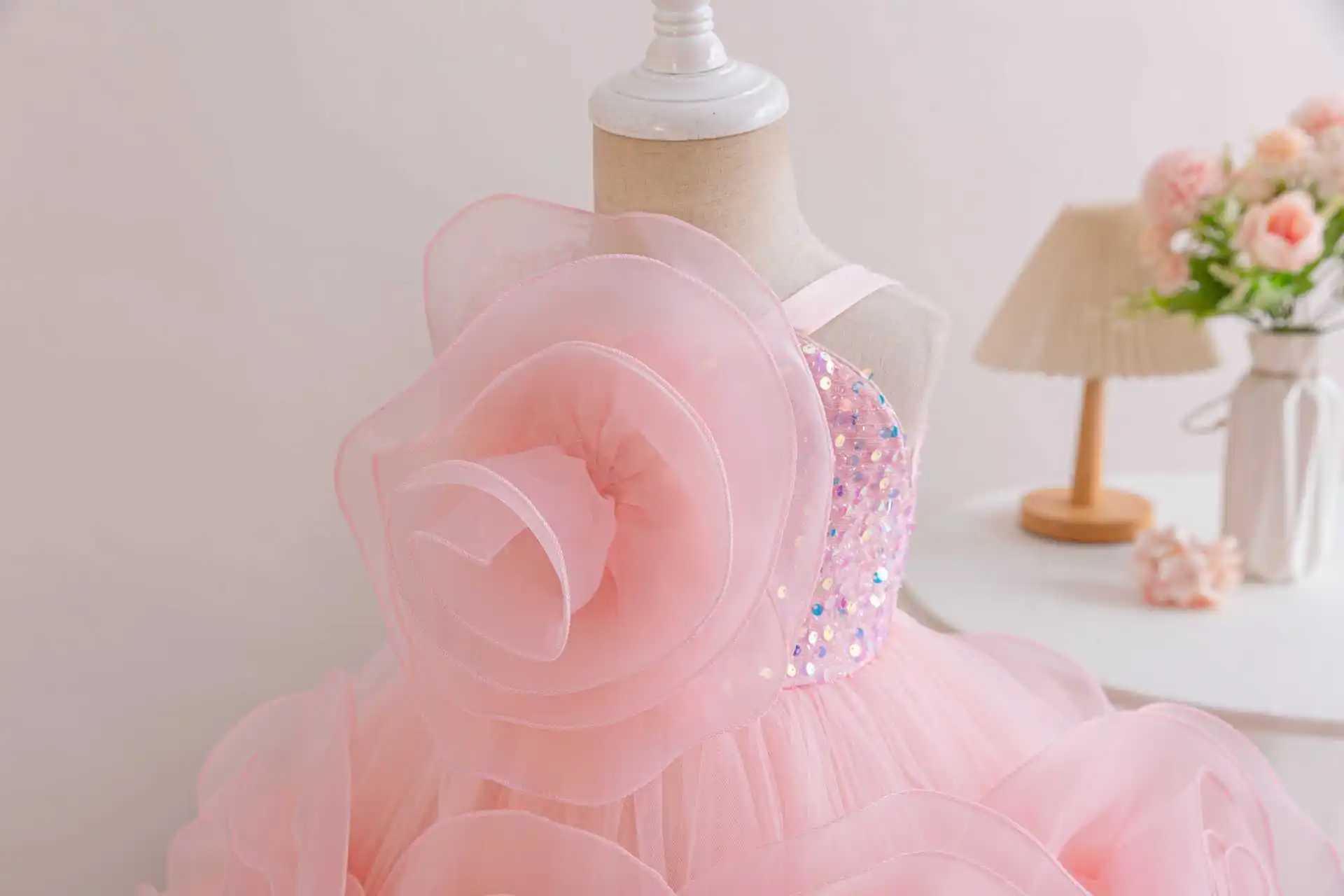 Hetiso girl Par dress flower elegant childrens wedding dress sequins big bow childrens birthday celebration frog 1-7 years W250326