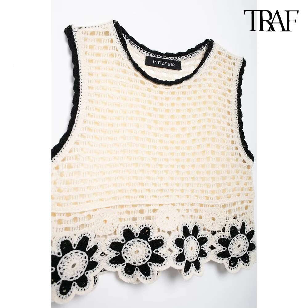 TRAF New Crochet Sleeveless Top Clashing Wide Leg Pants Set Sexy O Neck Short Tank ral Knit Trousers Simple Two PieceSet