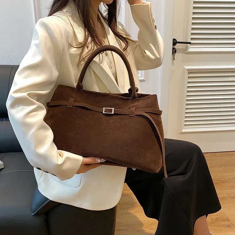 Faux Suede Brown Vintage Handbag Belt Buckle Elegant Ladies High Capacity Casual Tote Bag Top-Handle Commuter Bags For Women