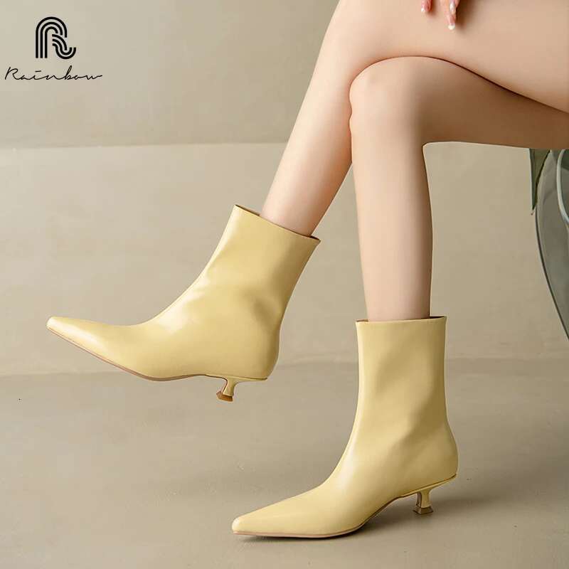 RAINBOW 34-39 Women Ankle Boots Real Leather Kitten Mid Heels Shoes 2025 Winter Ins Fashion Pointy Office Lady Daily Dress