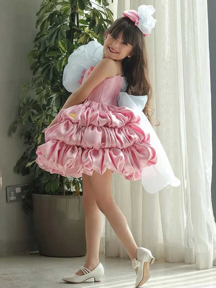 Customized Pink Flower Girl Wedding Dress for Wedding Sleeveless Flooring Cute Length Girl Childrens Birthday Party First Communion Dress W250326
