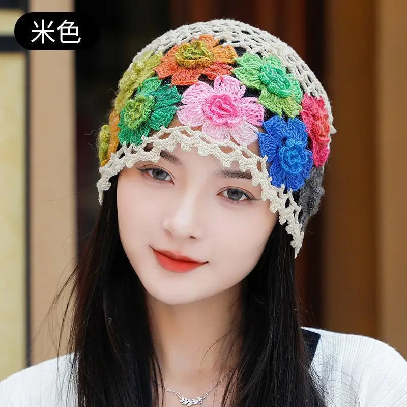 Japanese Spring Summer Literary and Artistic Colorful Flower Hollow Bag Head Hat Women Sweet Fashion Hand-crocheted Beanie Cap 250321
