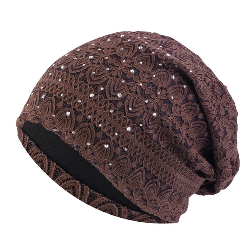 Crystal Lace Beanies Hat Women Slouchy Knit Hats Flower Headscarf Cap Ladies Comfortable Fashion Skullies Turban Hair Cover 250321
