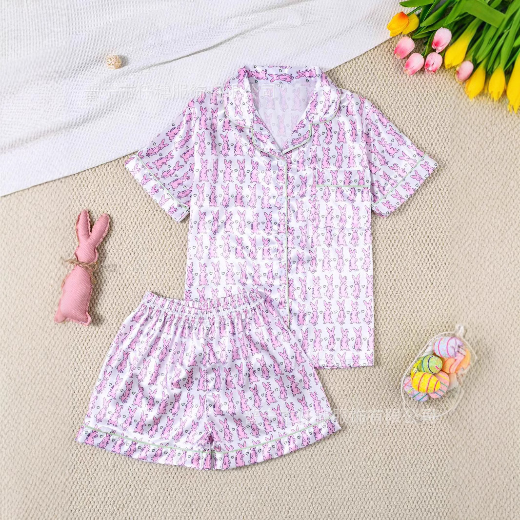 Children's cartoon animal monkey print South Korean silk sleepwear set with short sleeves and elastic waisted home clothes