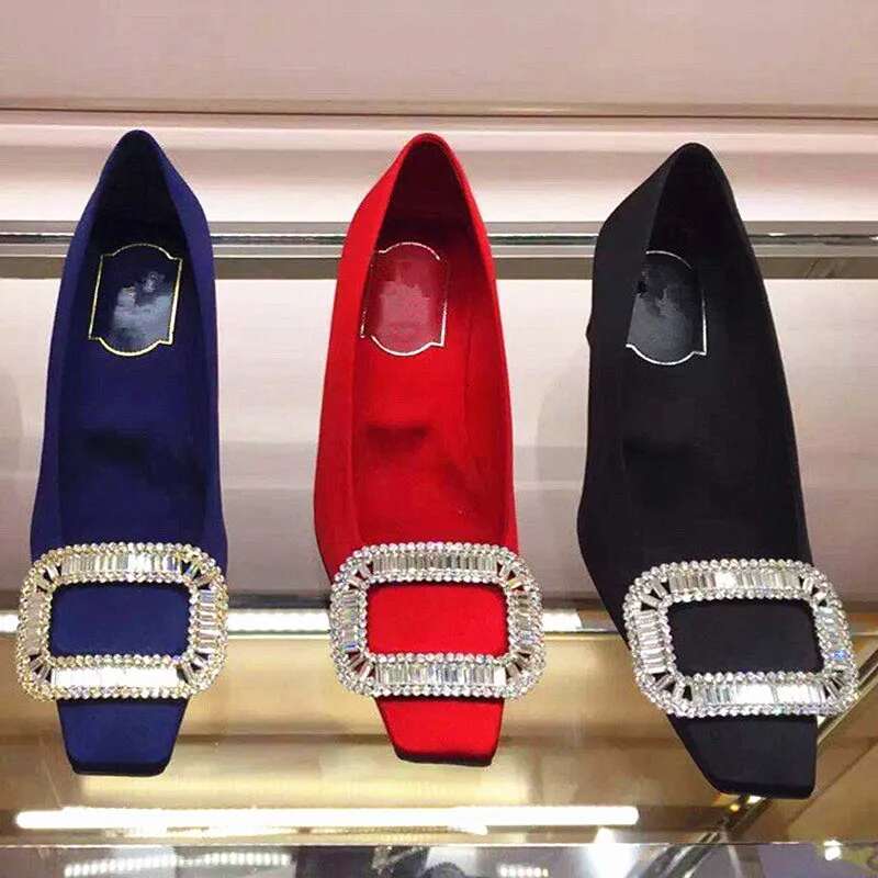 Dia buckle thick single square toe satin shallow cut shoe high heeled female wedding shoes