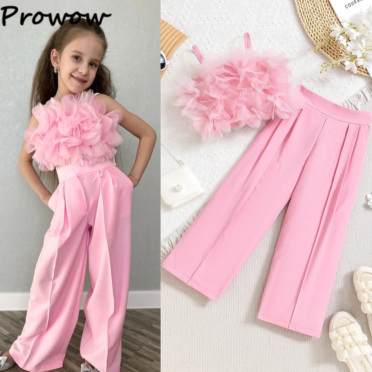 Prowow Children Clothing Summer Girls Pink Outfit Sets Lace Mesh Flower Vest and Long Pants Kids Clothes Girls Elegant Sets 250325