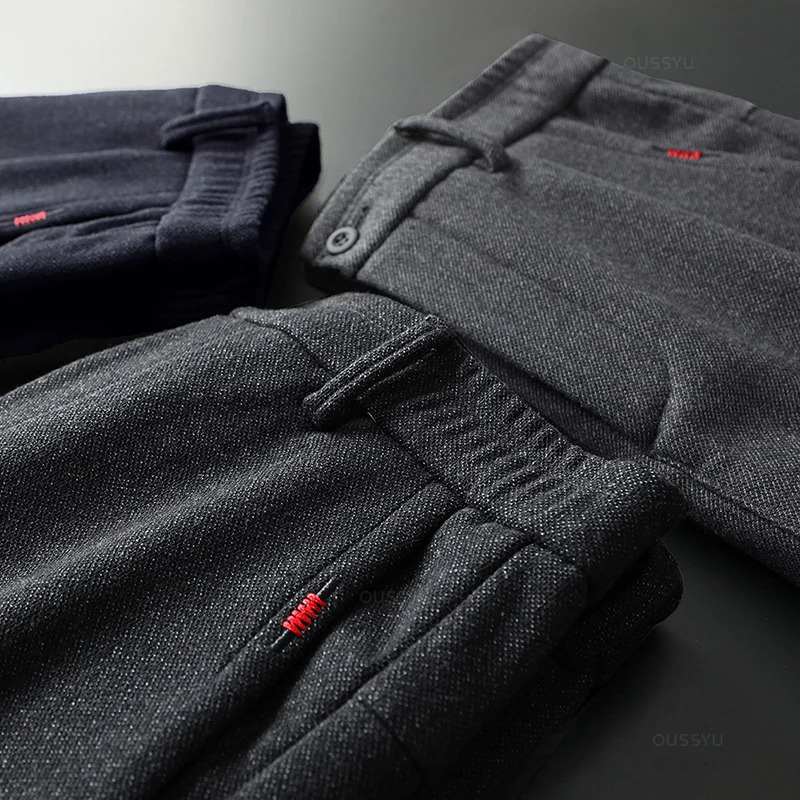 Autumn mens casual pants commercial fashion elastic waist slim fit thick gray black cotton Trouser 250326
