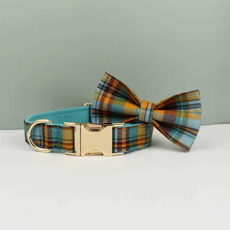 High quality custom design cotton pet accessories personalized dog collar belt harness bow set manufacturer grid 13-02 X250326