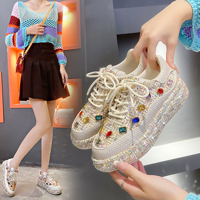 2025 European Style Summer New Light Luxury Breathable Single Shoe Thick Sole Casual Sports Rhinestone Mesh Shoes Women s Height Increasing Fashionabl