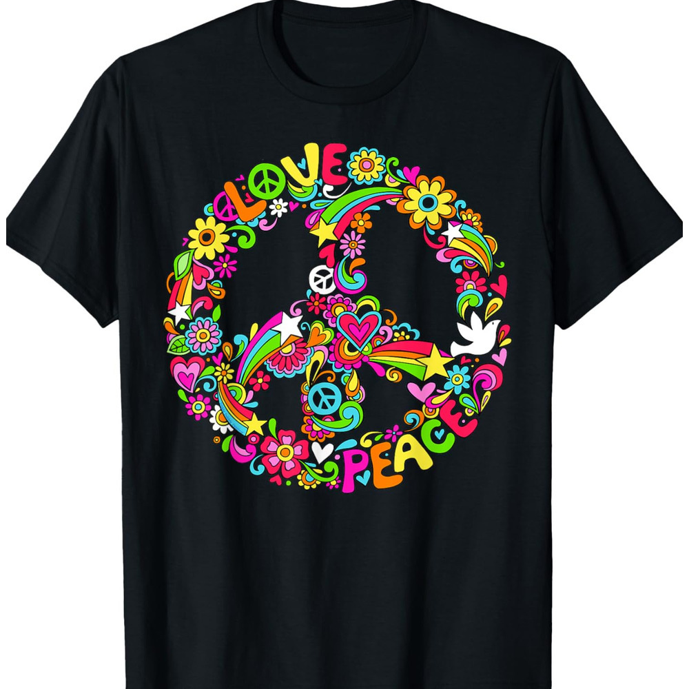 T shirt for Mens Peace Sign Hippie Style Love Peace 60s 70s Hippie Costume Graphic Tee Casual Tops Clothes Short sleeve