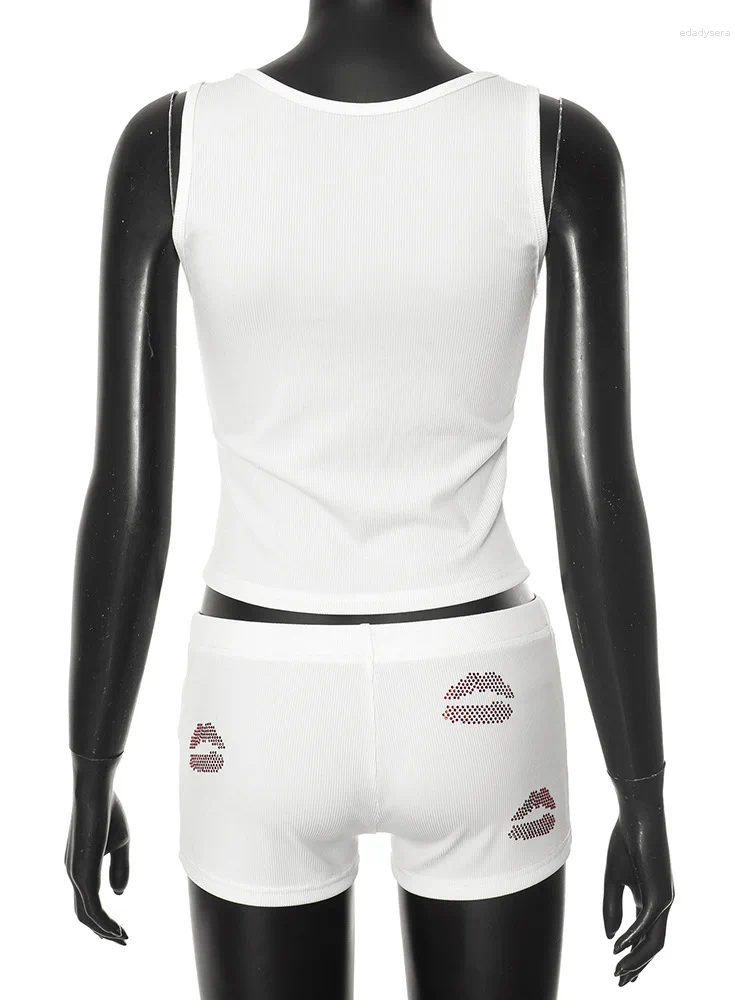 Women's Tracksuits Fashion Sexy Rhinestones Lips Ribbed Women 2025 Summer Tank Tops And Shorts 2 Piece Set White Party Club Streetwear