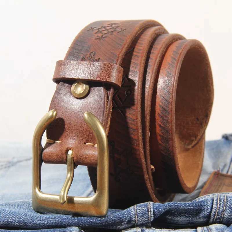 Ultra thick cowhide personalized brass trumpet shaped buckle mens belt retro laser engraving lucky Phaeton symbol denim belt W250326