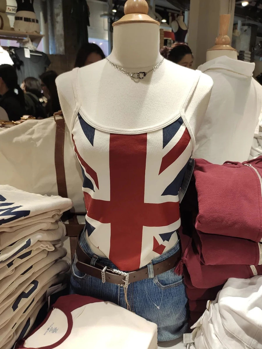 Geometric striped national flag print ultra-thin vest for womens summer sleeves cotton sweet crop top cute and casual fashion Camis Y2k vest 250321