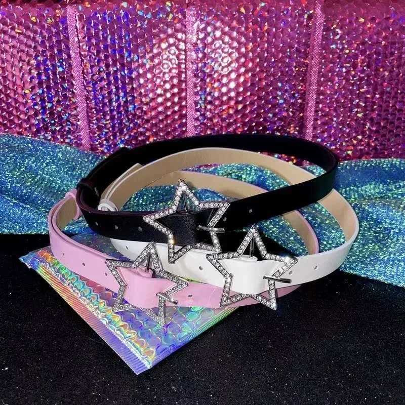 Y2K star buckle strap pink leather elastic binding strap sparkling rhinestone vintage bridal decoration accessory W250326