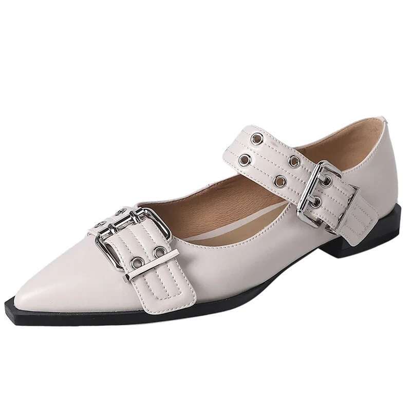 2025 Summer New Women's Genuine Leather Flat Shoes, Large Square Metal Designer Fashion Double Button Shoes, Punk Women's Shoes, Handmade