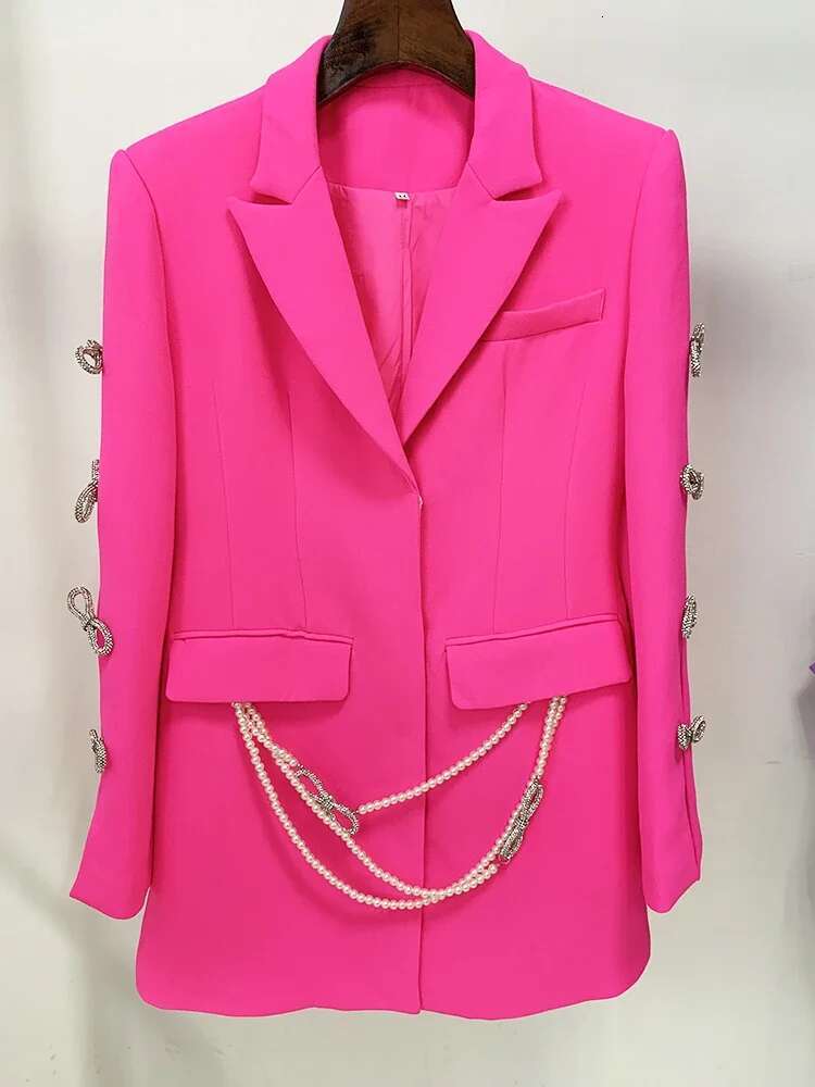HIGH STREET Newest 2025 Designer Stylish Fashion Women's Pearls Chain Dias Beaded Hollow Out Bow Sleeve Blazer Dress