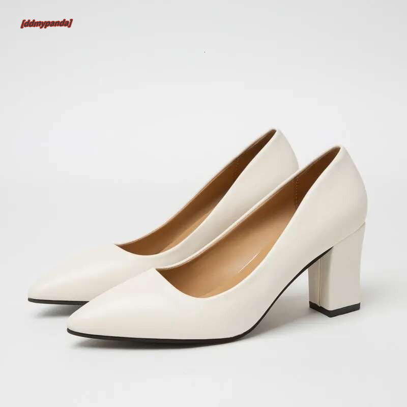Autumn Newest Women's Leather Thick Heel Single Shoes Ladies Pointed Toe Shallow High Heels Work Pumps Eu 35-41 Black Beige ddmypanda