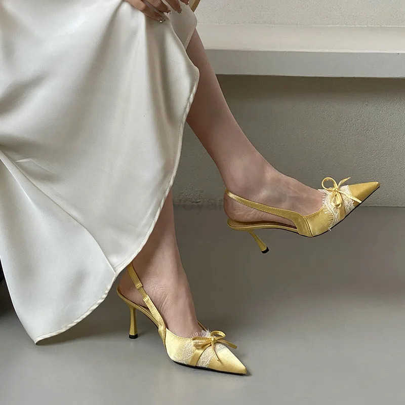 Elegant Wen 7CM H Sandals Shoes Fem Pointed Toe Footwear Fashion -Knot Ladies High H Sandals Shoes Pumps Z250326