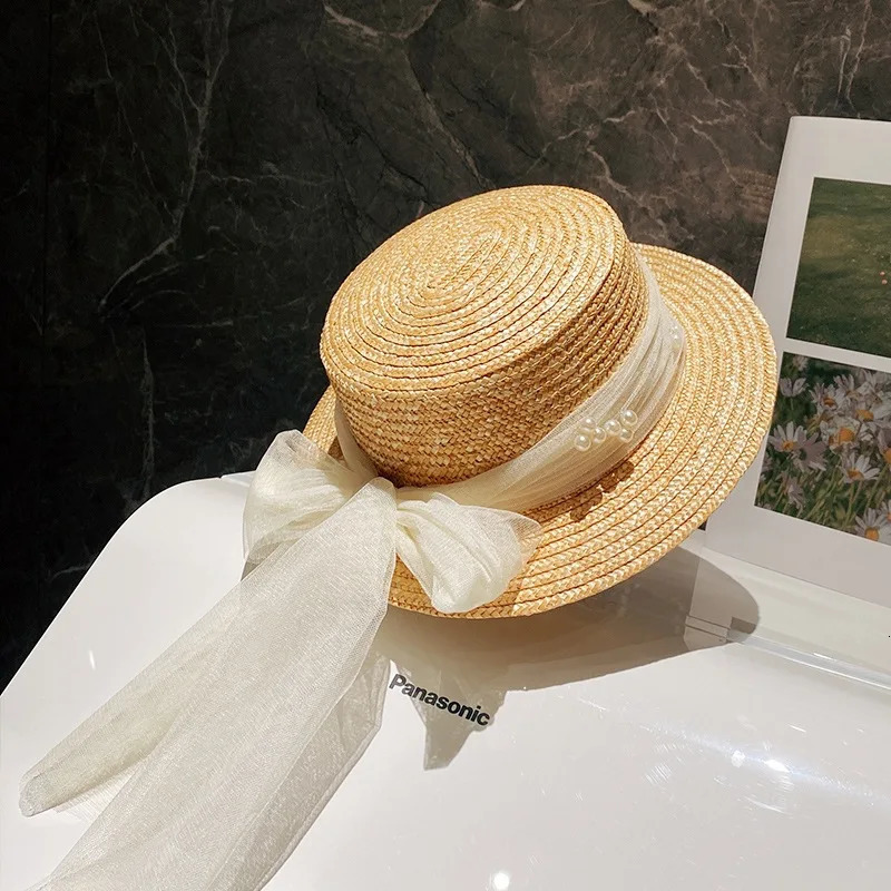 Elegant Fashion Mother Daughter Sunhats Lace Mesh Pearls Hat Cap Outdoor Beach Sunprotection Summer Straw Hat for Adult and Girl 250326