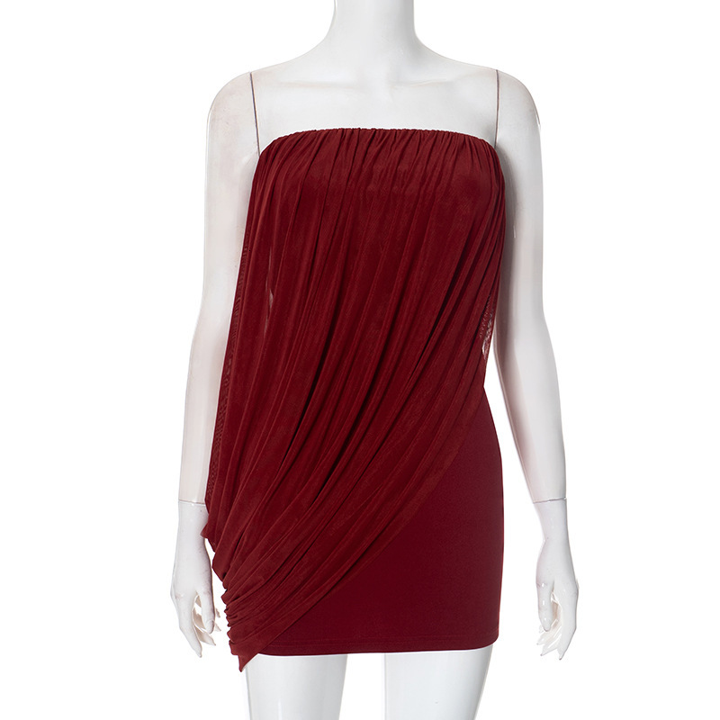 2025S Fashion Designer Q DS Women S Autumn And Winter Strapless Pullover One Cut Collar Backless Pleated Mesh Dress With Wrapped Buttocks