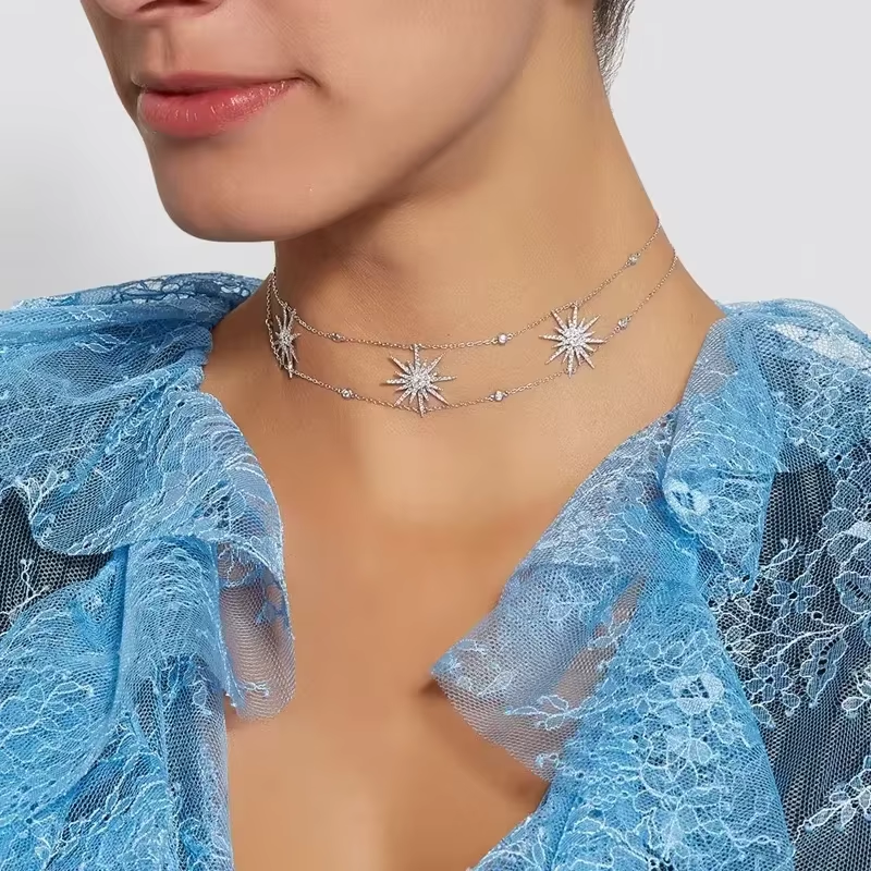 factory fashion women choker 337cm gold rose rhodium diamond shape cz drop charm cz station women gold fashion necklace