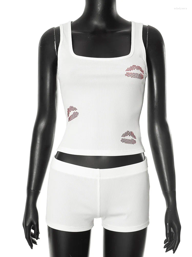 Women's Tracksuits Fashion Sexy Rhinestones Lips Ribbed Women 2025 Summer Tank Tops And Shorts 2 Piece Set White Party Club Streetwear