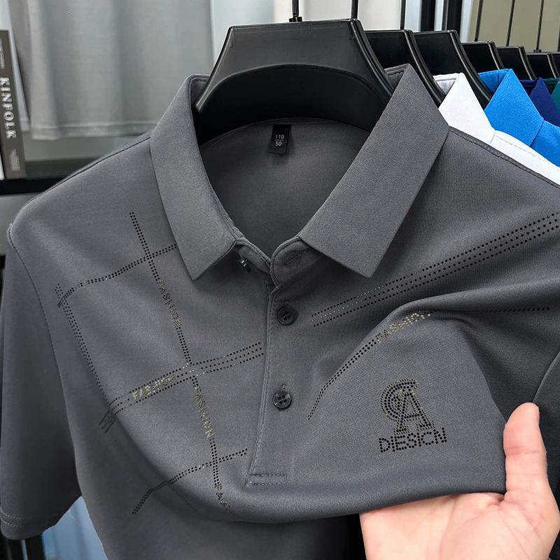 Summer Trend High Elasticity Mens Polo Short Sleeve Breathable Casual Cool Stripe Large Square Business Tshirt 250326